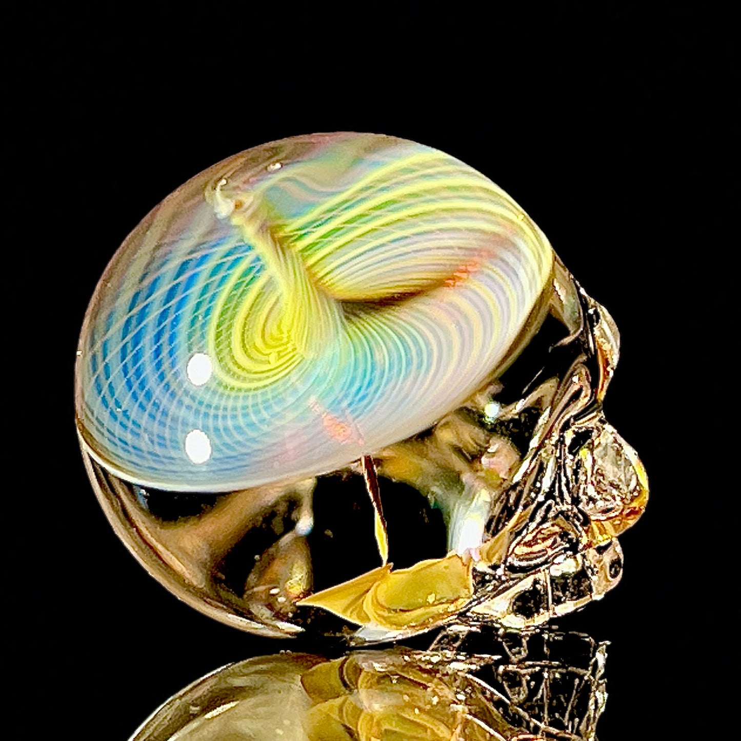 Glass skull sculpture with iridescent brain on a black background