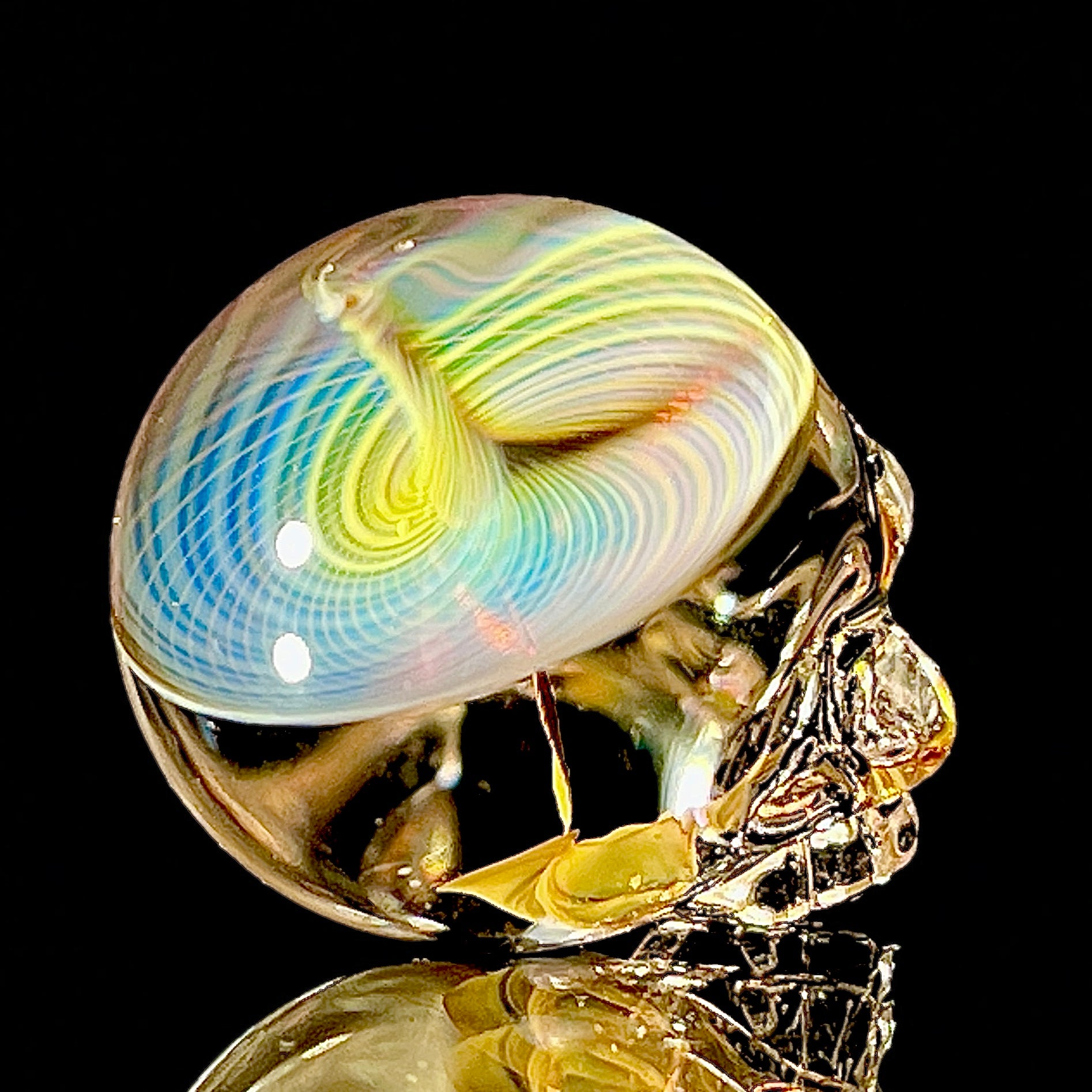 Glass skull sculpture with iridescent brain on a black background