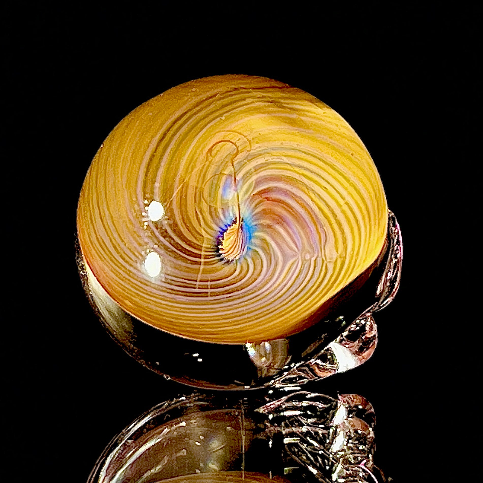 Glass skull with concentric color patterns on a black background.