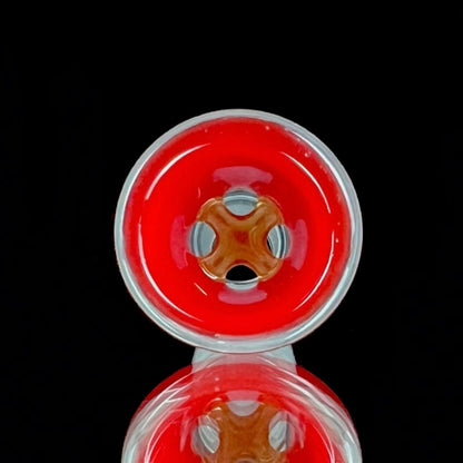 A red and clear glass piece with a bowl shape, featuring a 4-hole design.