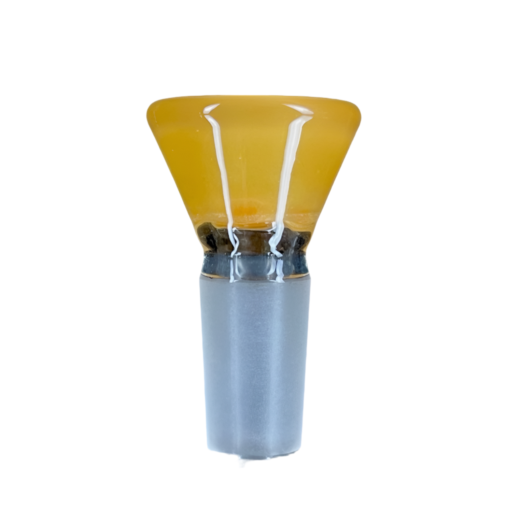 A glass slide with a pumpkin spice color bowl attached to a metal hornless stem.