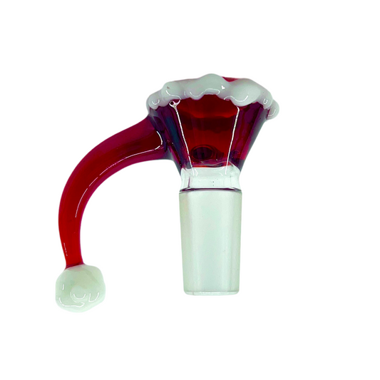 A glass slide with a pomegranate red and star white color combination, designed to fit a 14mm bowl, resembling a Santa hat.