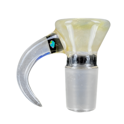 A glass slide with a white satin accent, designed for use with a smoking device.