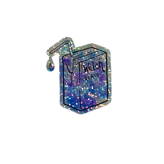 Glittery juice box sticker with 'Welch' branding on a white background.