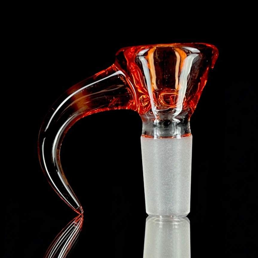 A glass slide with a curved orange bowl attached to a white stem.