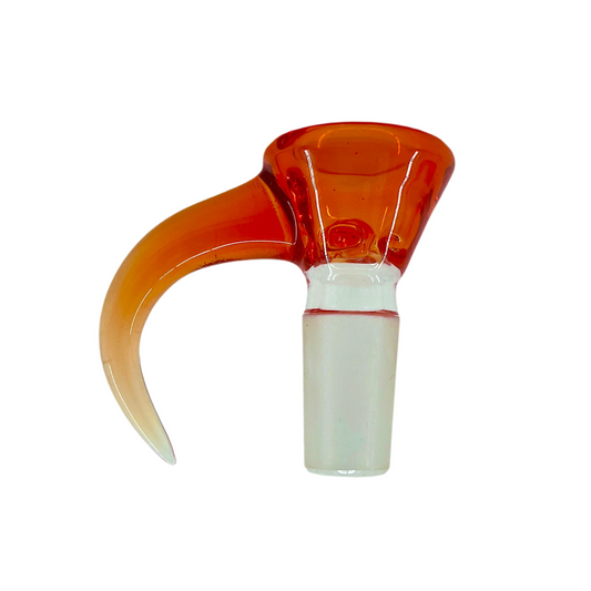 A glass slide with a curved orange bowl attached to a white stem.