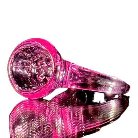 A pink-colored glass 14mm slide with a bowl-shaped top, reflecting light on its surface.