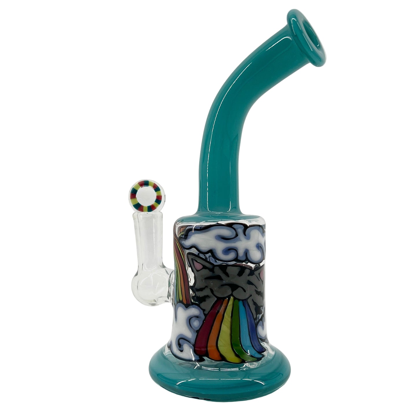 Glass smoking device with colorful design on a white background.