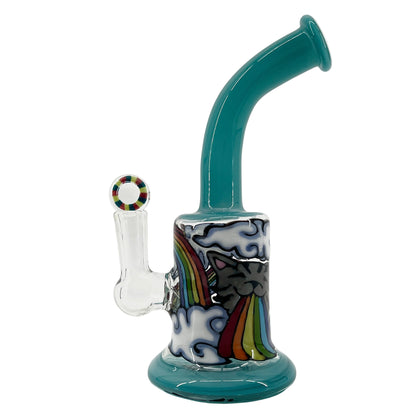 Glass smoking device with colorful design on a white background.