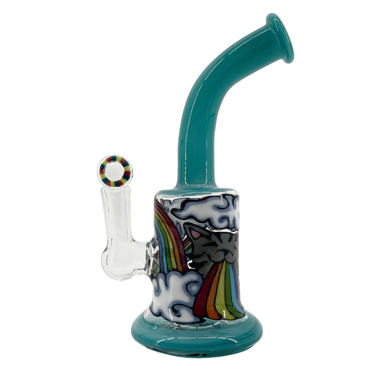 Glass smoking device with colorful design on a white background.