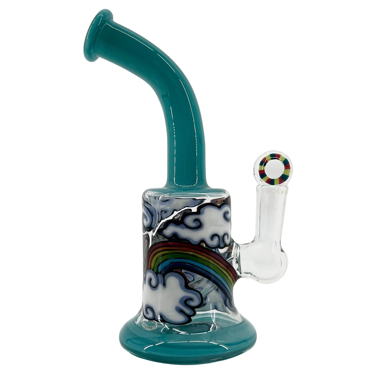 Glass smoking device with teal neck and colorful base on a white background.