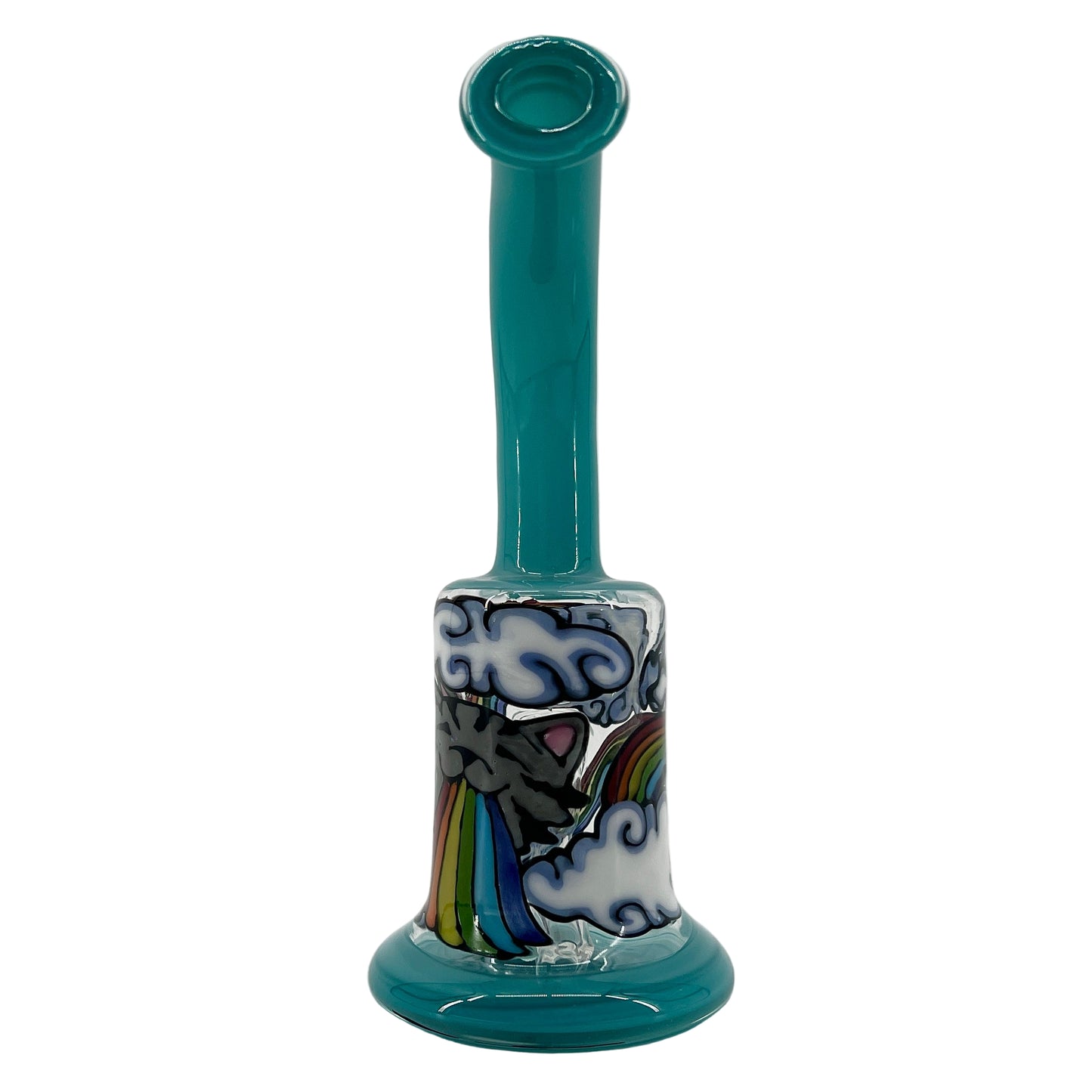 Glass smoking device with colorful design on a white background
