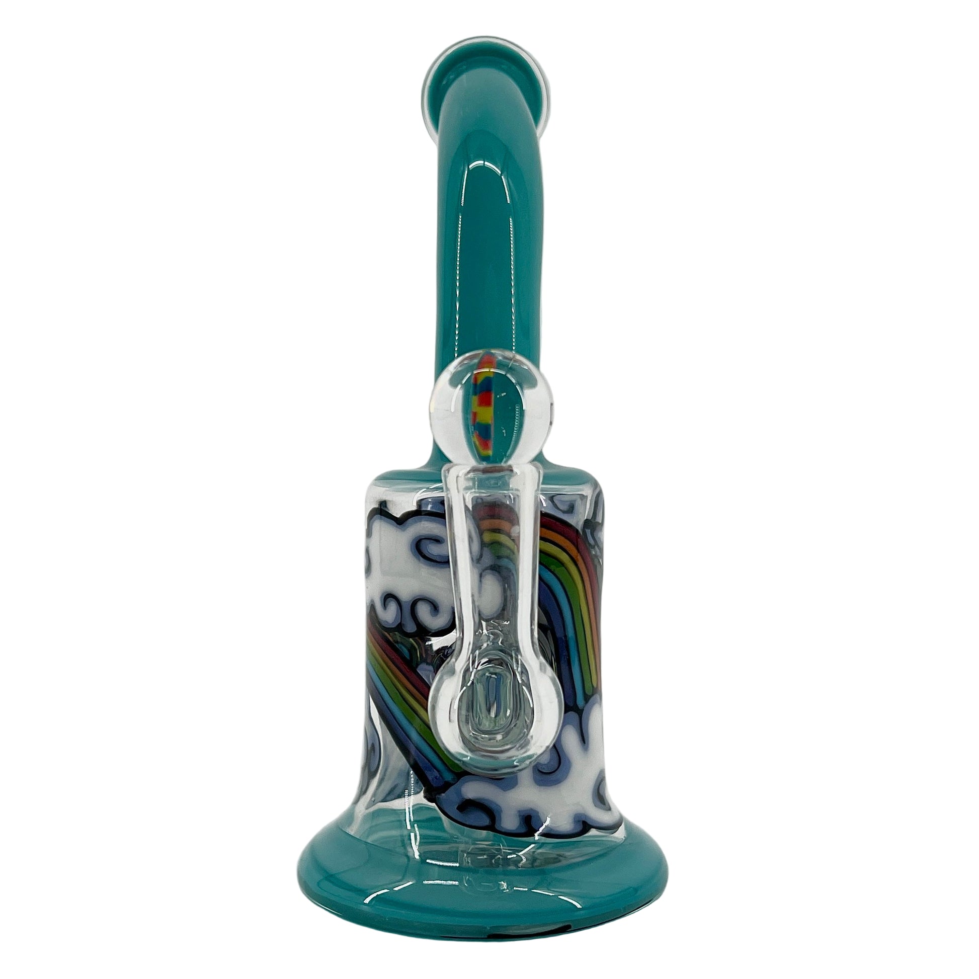 Glass smoking device with teal base and rainbow pattern on a white background