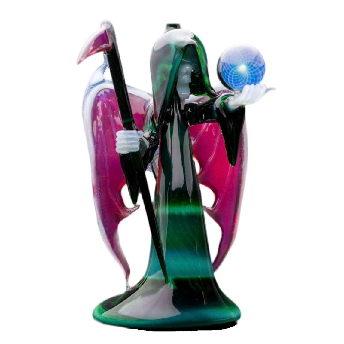 A multicolored glass sculpture of a winged reaper figure with a scythe and a small orb, standing on a circular base.