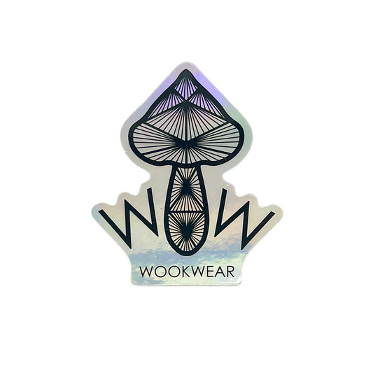Holographic mushroom-shaped sticker with 'WOOKWEAR' branding on a white background.