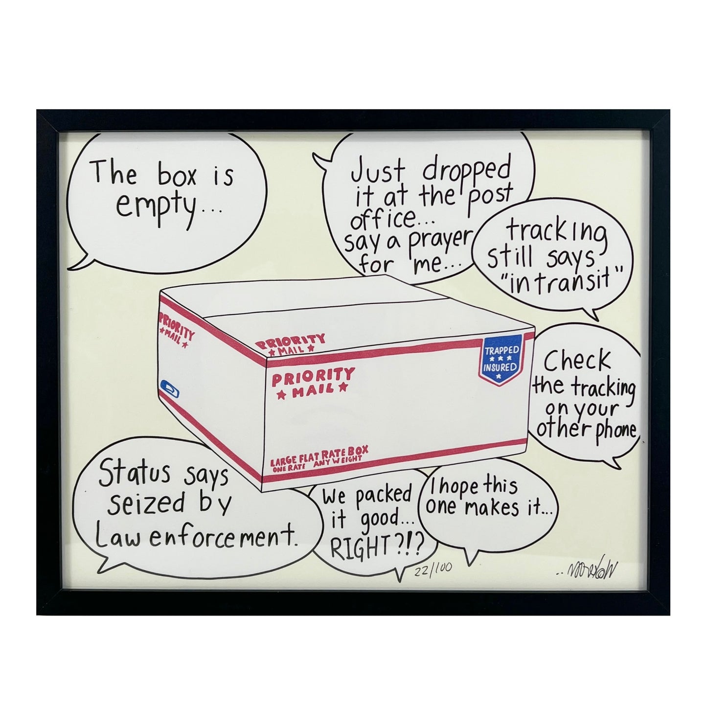 Framed print depicting a Priority Mail package with text bubble around questioning its whereabouts.