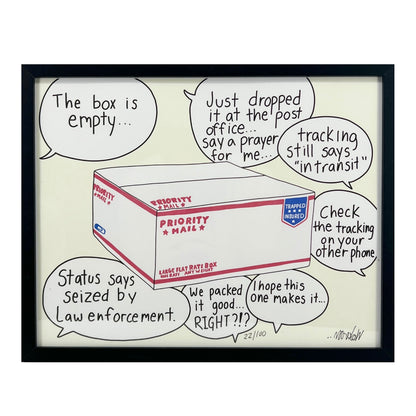 Framed print depicting a Priority Mail package with text bubble around questioning its whereabouts.