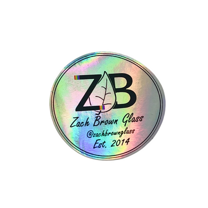 Holographic sticker with 'ZB' logo and text on a white background