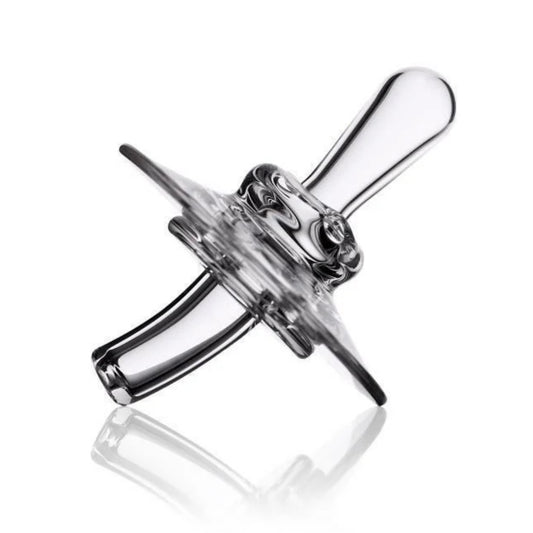 A clear glass directional cap with a cross-like shape, designed for use with glass pipes.